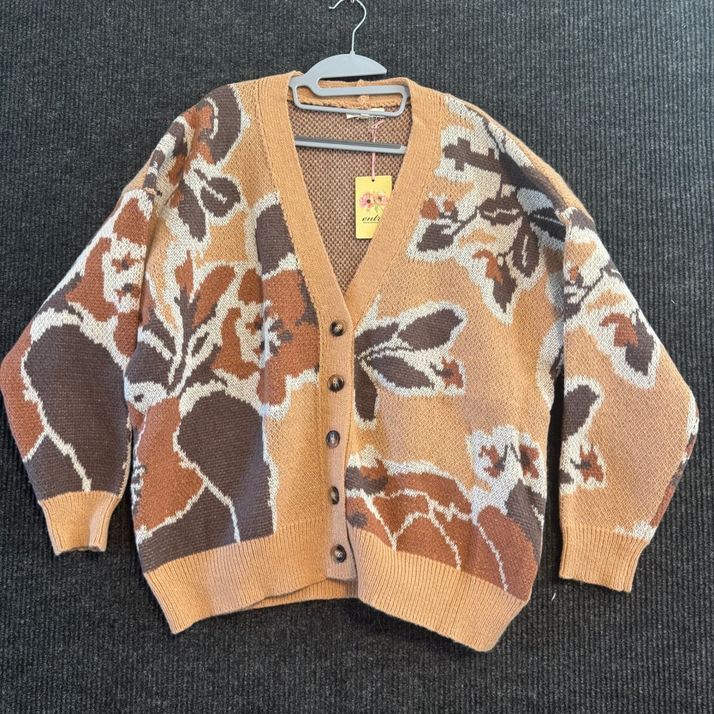 Entro Cardigan Women Size M Tan Brown Floral Oversized Knit V-Neck NWT